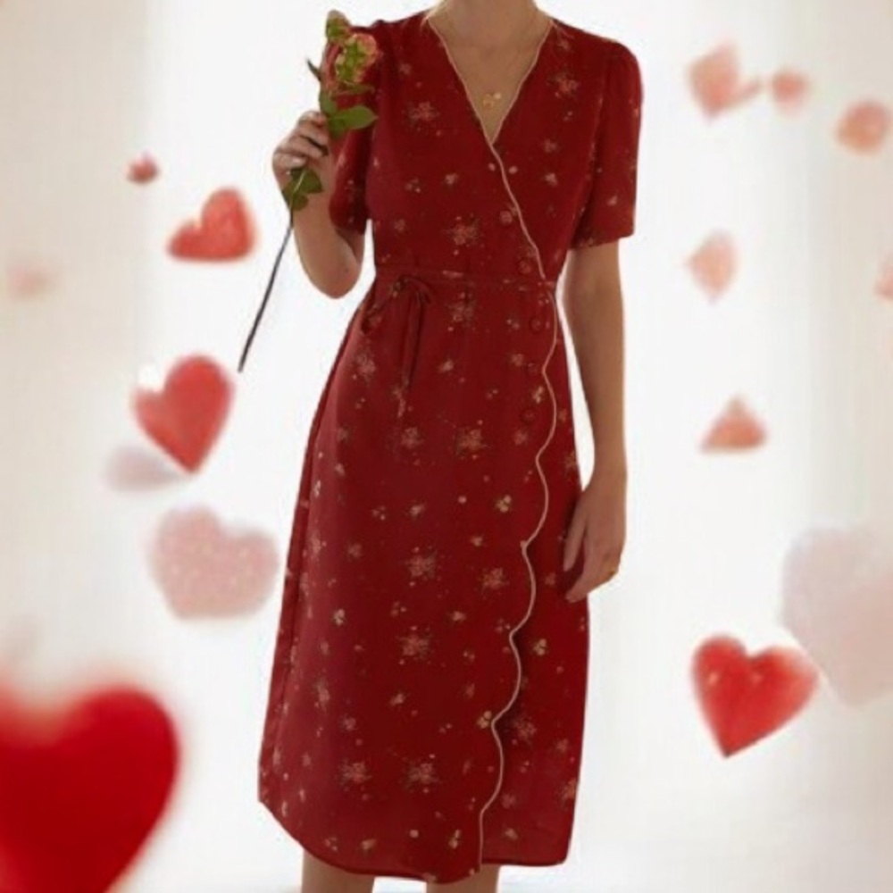 Simple Retro Kimura Floral Red Wrap Midi Dress XS NWT Style